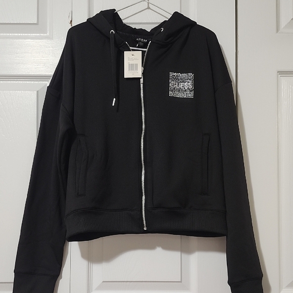 Guess Sweaters - Guess Black Hoodie with Rhinestone Logo